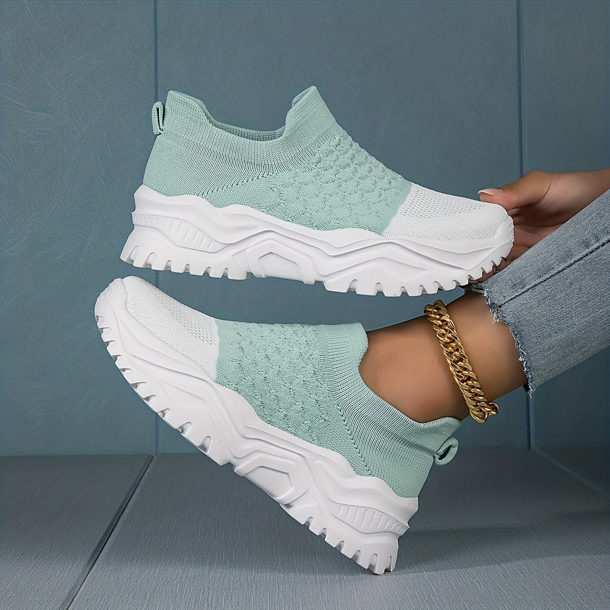 Two Tone Chunky Sneakers for Women Slip On Comfortable Walking Shoes