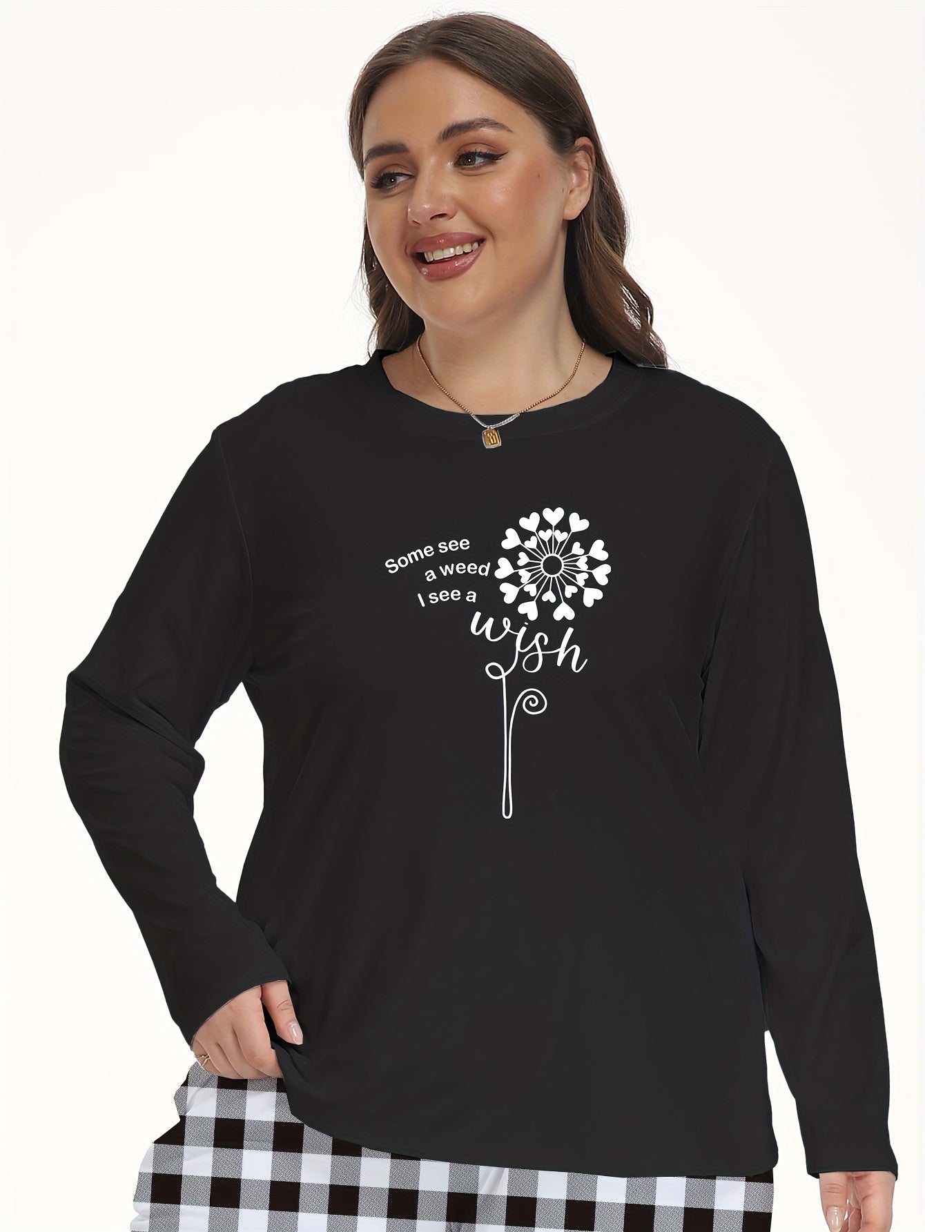Women's Plus Slogan & Dandelion Print Long Sleeve Round Neck Pajama Top