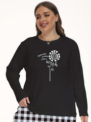 Women's Plus Slogan & Dandelion Print Long Sleeve Round Neck Pajama Top