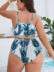 Vacay Bikini Set Tropical Print Ruffle Trim Cross Halter 3 Piece Set