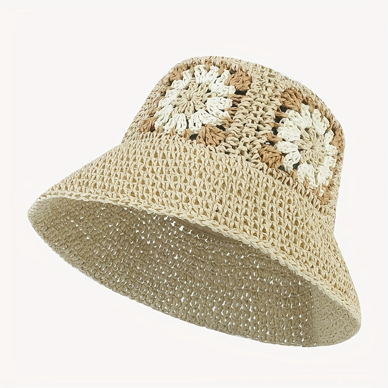 Green Flower Crochet Bucket Hat Breathable Straw Beach Travel Sun Hat