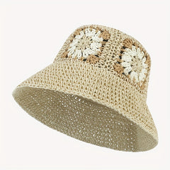 Green Flower Crochet Bucket Hat Breathable Straw Beach Travel Sun Hat