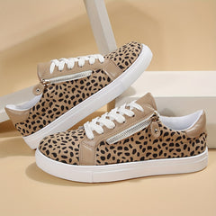 Leopard Print Skate Shoes Zipper Lace Up Low Top Sneakers Flat Walking Shoes