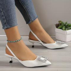 Women's Rhinestone Buckle Point Toe Slingback Cone Heel Shoes
