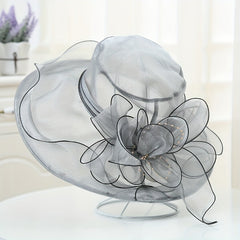 Gray Organza Flower Derby Hat Mesh Sun Hat Women Travel Beach Wedding Bridal Chu