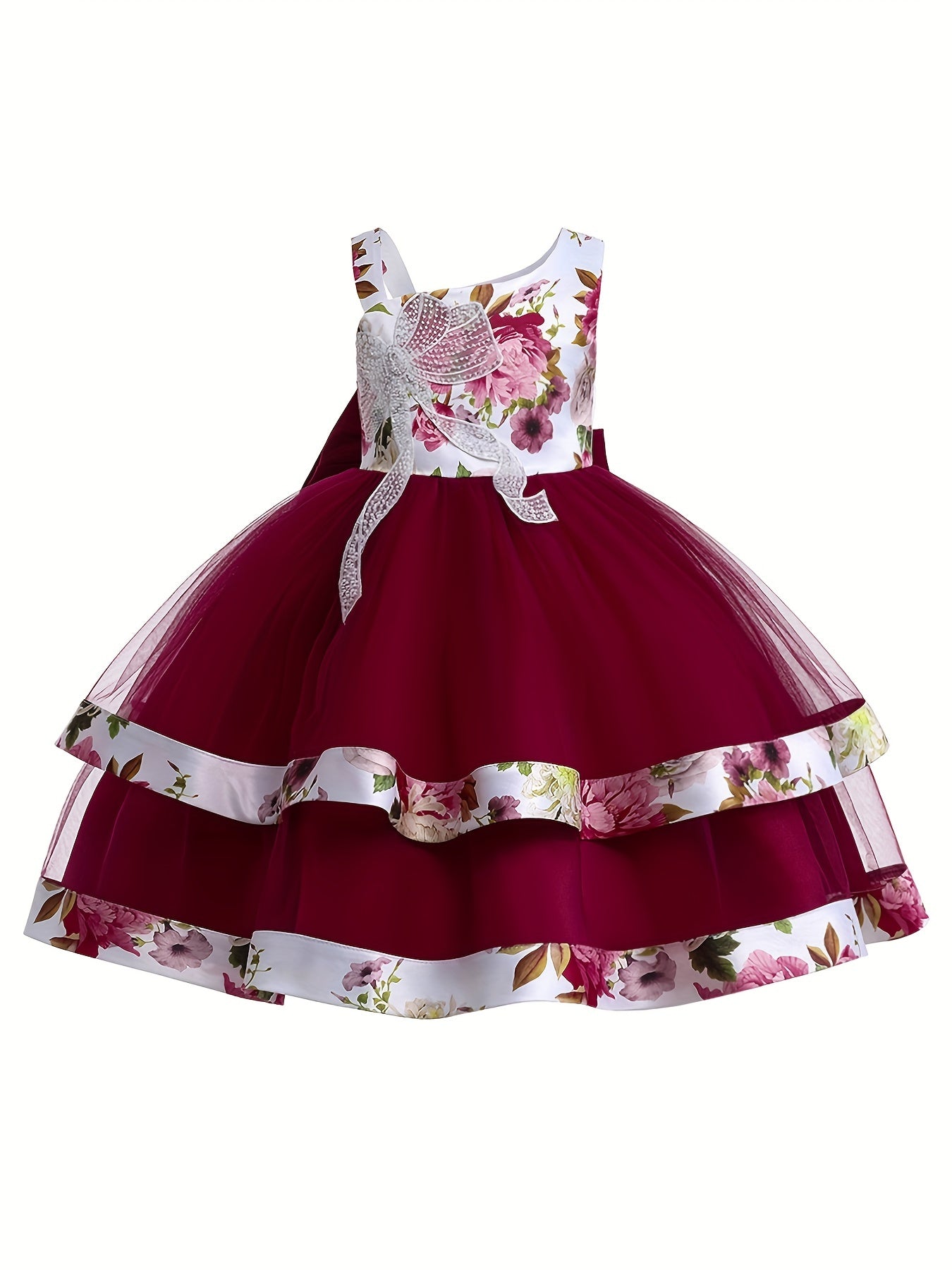 Girls Floral Princess One Shoulder Party Tutu Dress Tulle Wedding Flower Girl