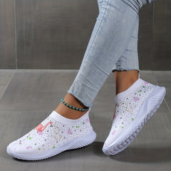Women's Cartoon Pattern Sock Shoes Casual Rhinestone Decor Low Top