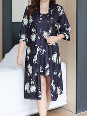 Satin Floral Print Robe & Dress Set