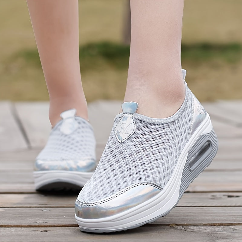Women's Air Cushion Wedge Sneakers Breathable Mesh Slip-On Walking Shoes