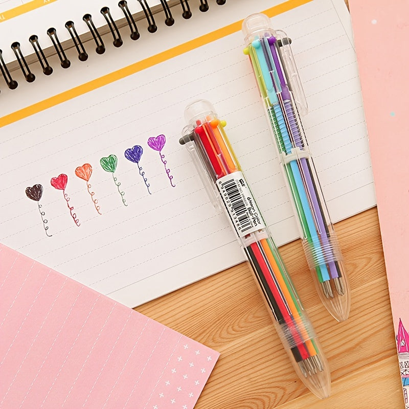 2pcs Cartoon Multicolor Ballpoint Pen 0.5mm Press Colorful 6 Pen 5.51inch