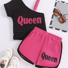 Girls 2pcs One Shoulder Short Sleeve Top & Short Sets Summer Clothes