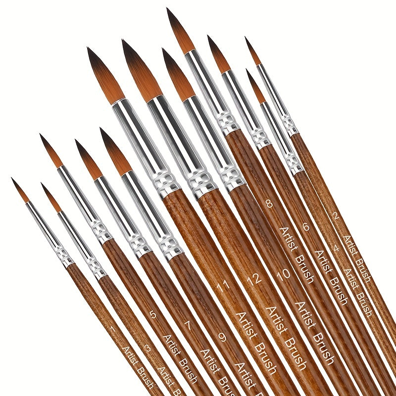 12 Paint Brushes Set Professional Round Pointed Tip Nylon Hair Acrylic Brush