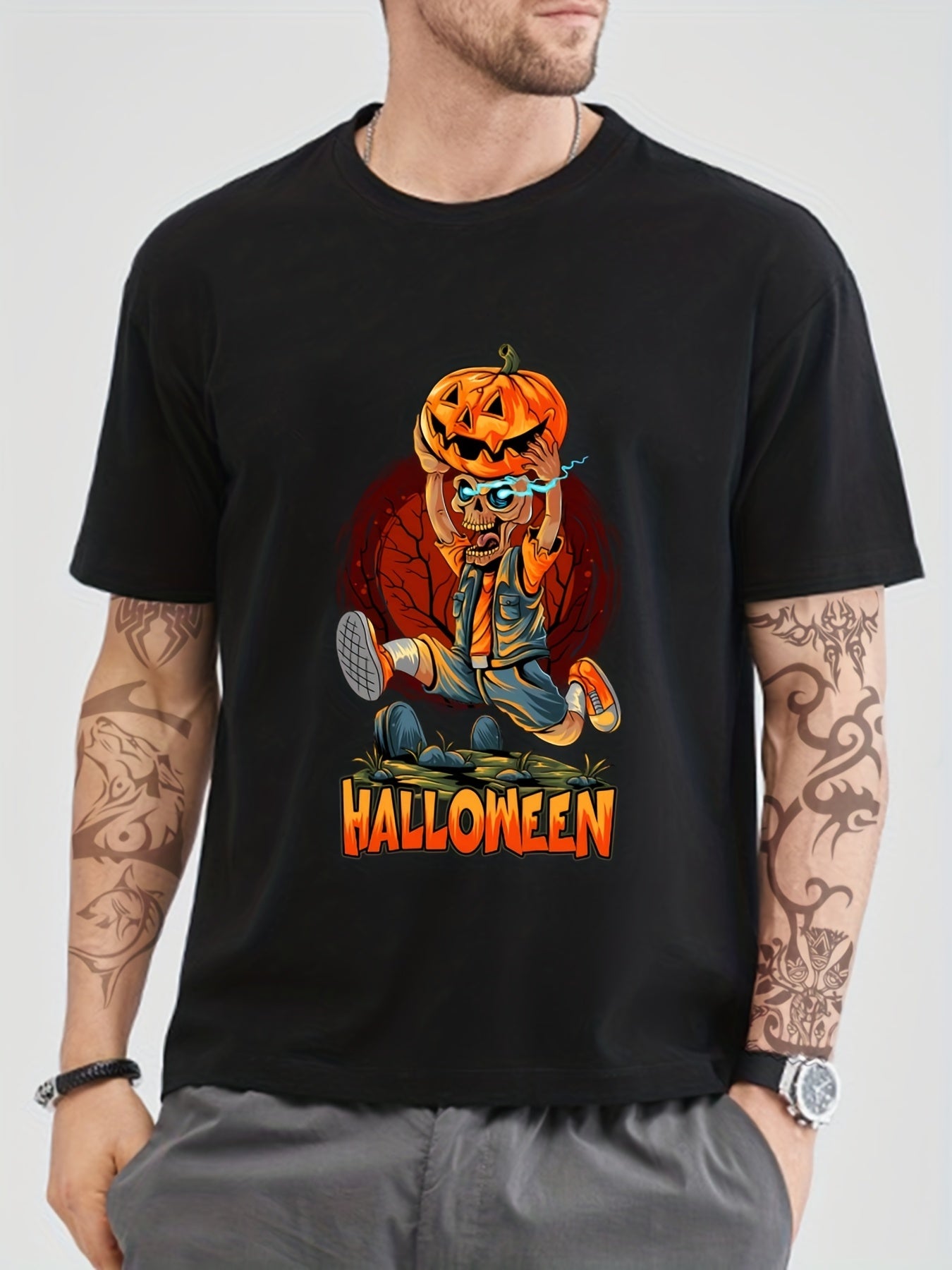 Skeleton Print Men's Graphic Crew Neck T shirt Casual Comfy Tees
