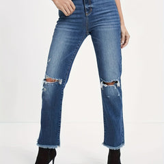 Button Fly Ripped Fringe Trim Stretch Jeans