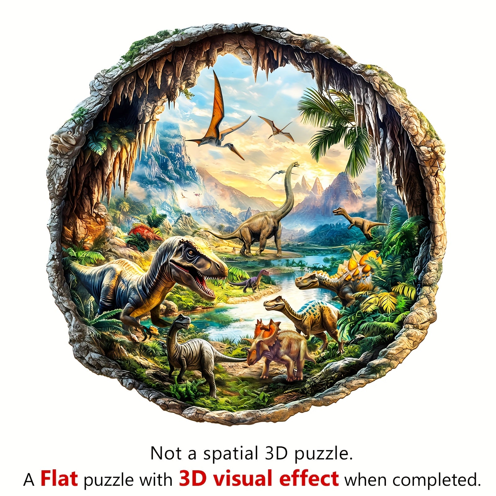 Jurassic Cave Wooden Jigsaw Puzzle Dinosaur Prehistoric Scene Vibrant Colors