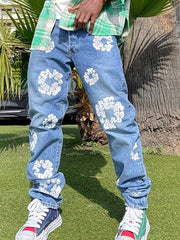 Men's Printed Denim Jeans Straight Leg Casual Street Style