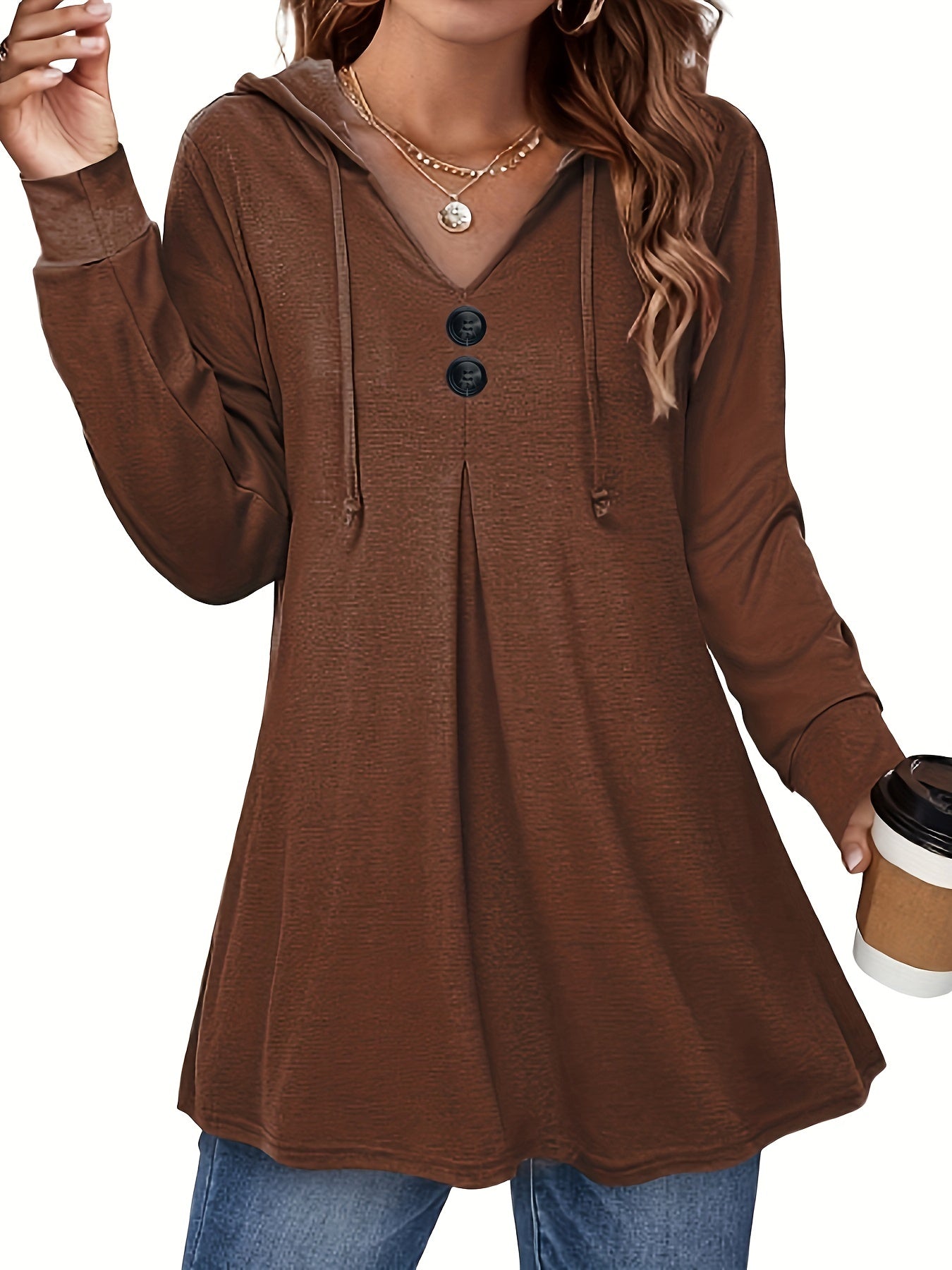 Button Front Drawstring Hoodie Sweatshirt Women's Clothing