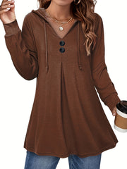 Button Front Drawstring Hoodie Sweatshirt Women's Clothing