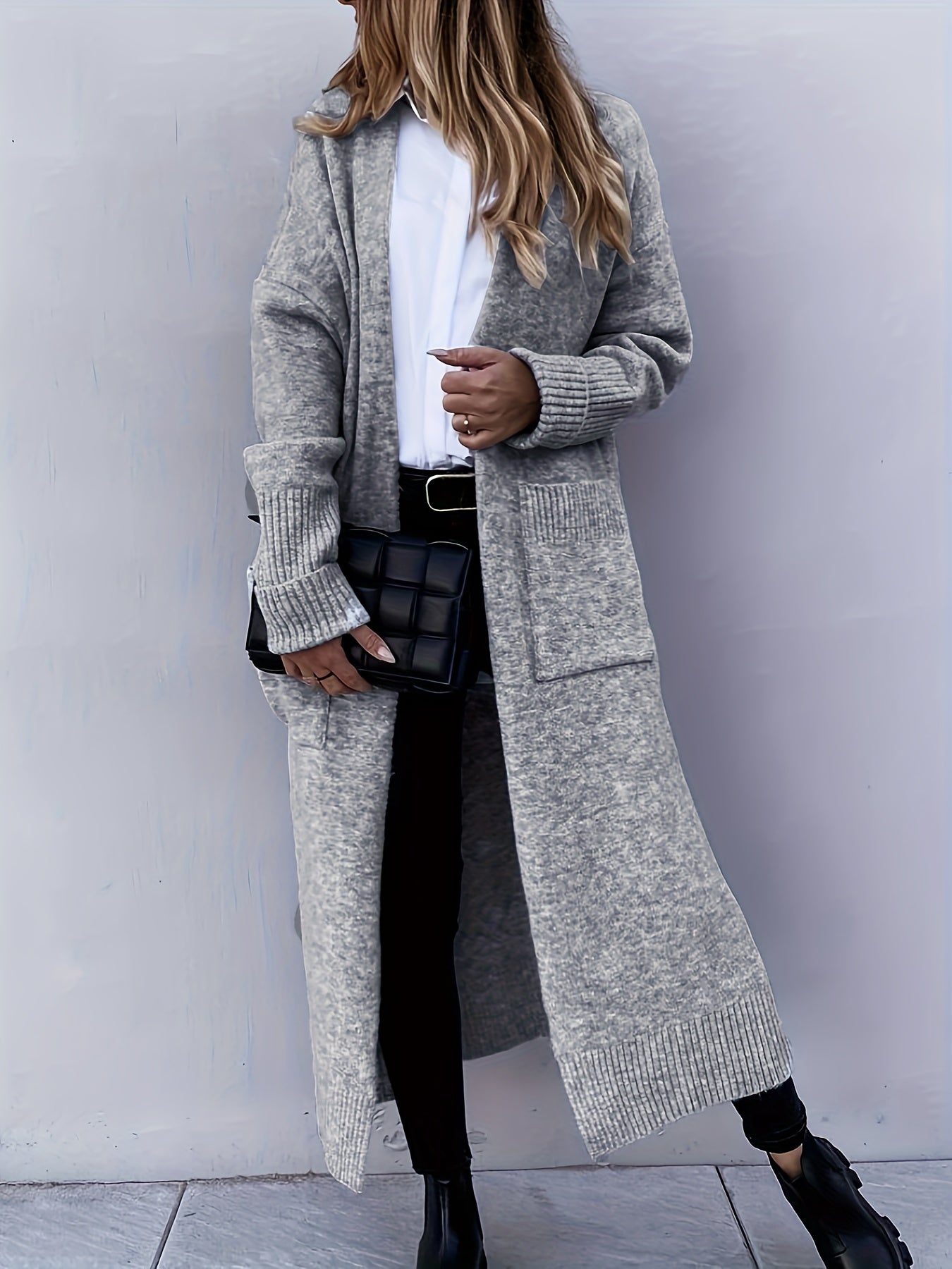 Retro Cardigan Open Front Long Sleeve High Stretch With Pockets
