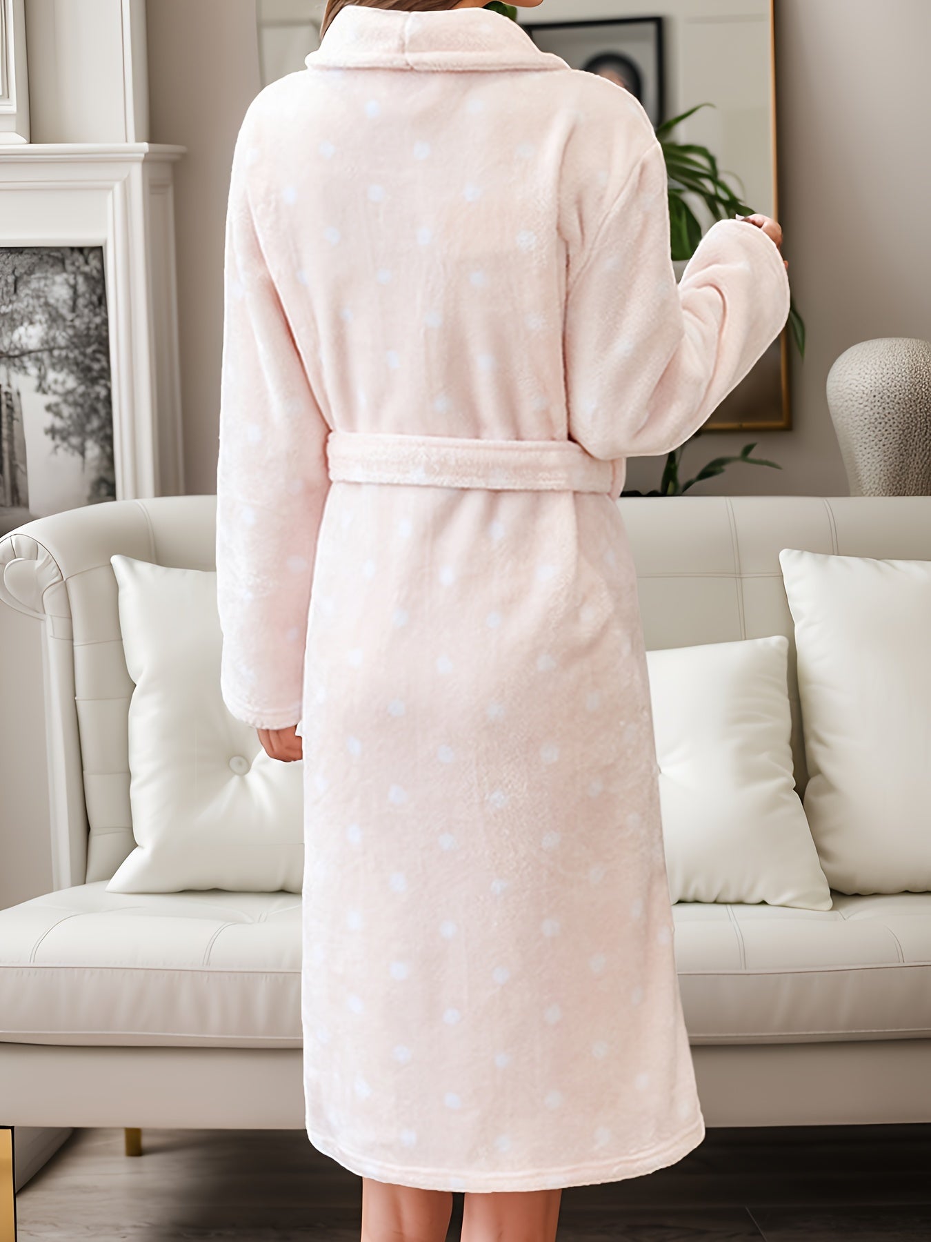 Polka Dot Fuzzy Lounge Robe Long Sleeve With Belt & Pockets