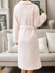 Polka Dot Fuzzy Lounge Robe Long Sleeve With Belt & Pockets