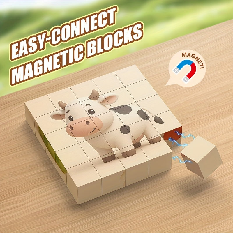 Magnetic Puzzle Toy 6 Sided Patterns Assembles into 6 Animal Designs
