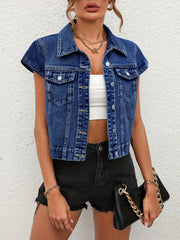 Denim Jacket Plain Flap Pockets Single Breasted Button Lapel Coats