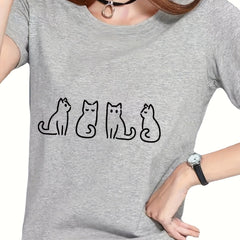 Cat Graphic Short Sleeve Top Round Neck Sports Running T shirt Women's Clothing