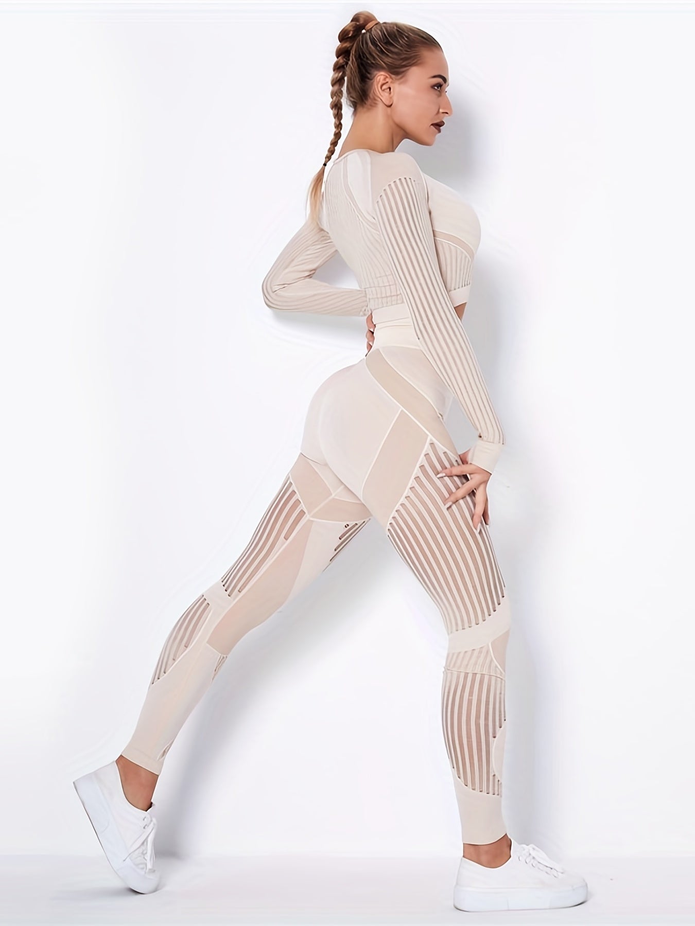 Yoga Set 2 Piece Crop Top & Leggings Stripe Hollow Out Workout Suit
