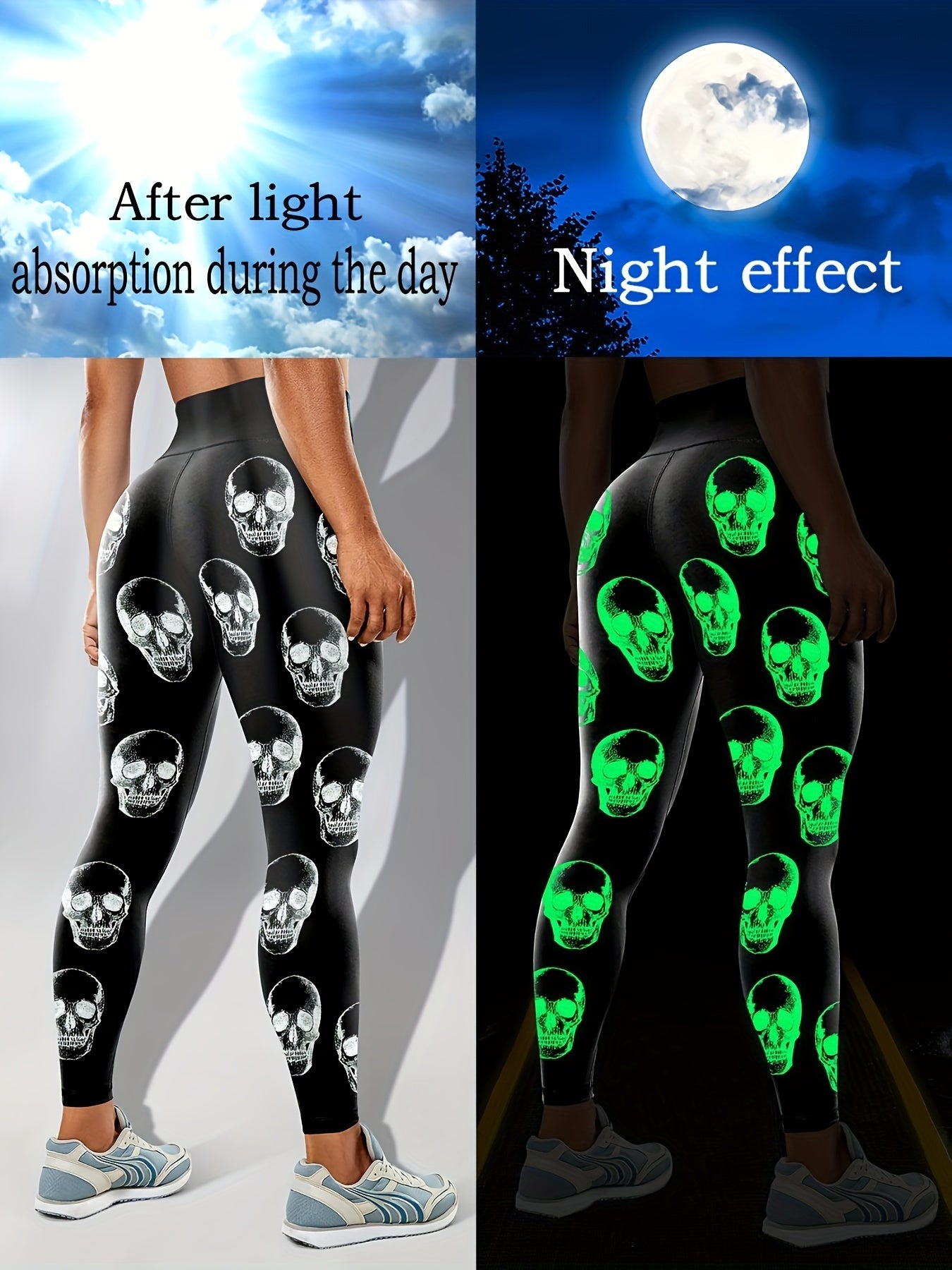 Skull Print Glow-in-the-Dark Leggings High Waisted Elastic Leggings