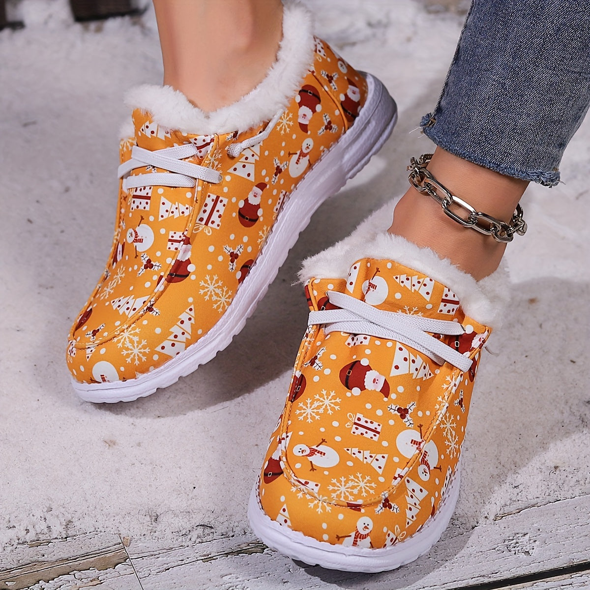 Women's Christmas Snow Boots Santa Claus Snowman Pattern Winter Plush Warm
