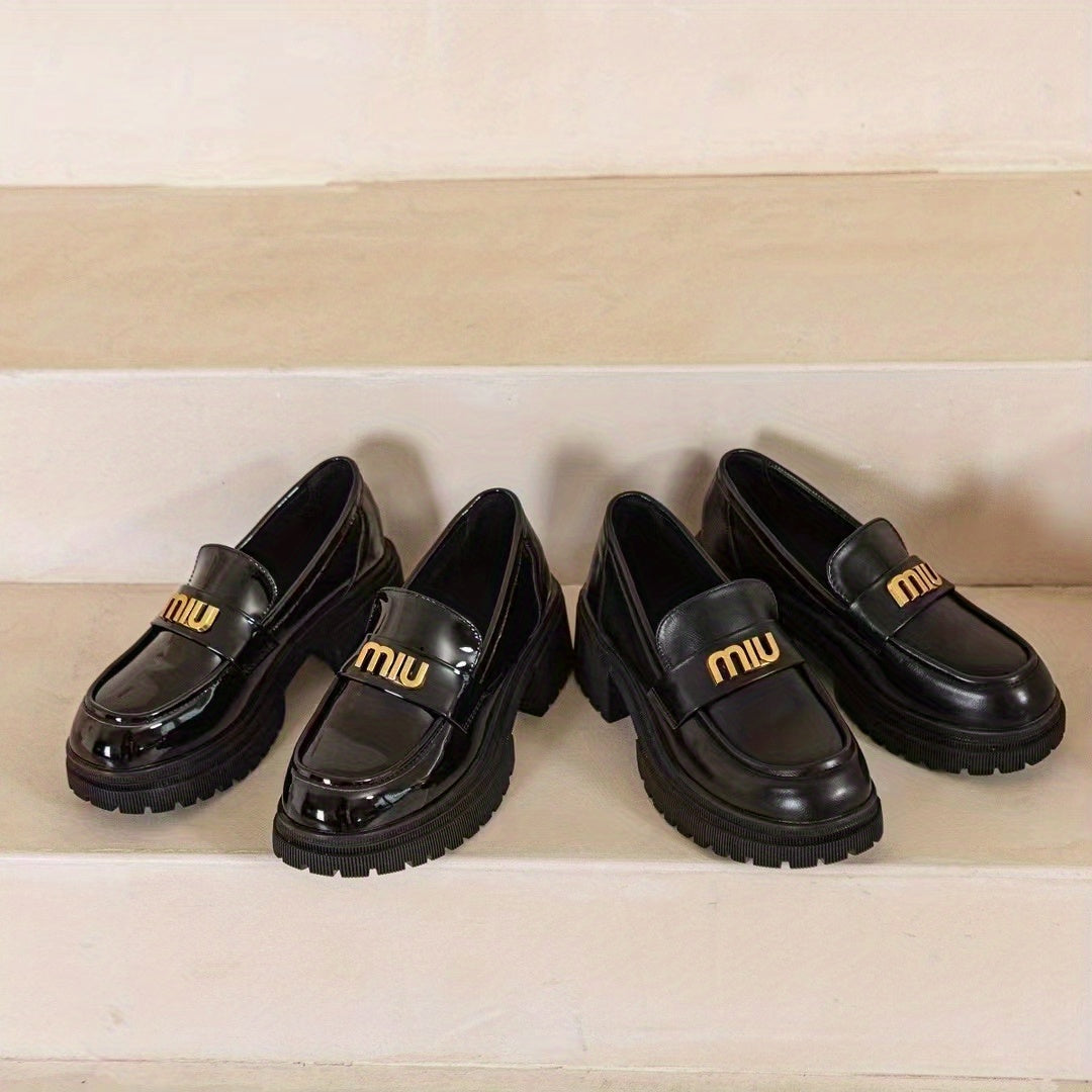 Women's Letter Decor Chunky Heel Loafers Slip On Shoes