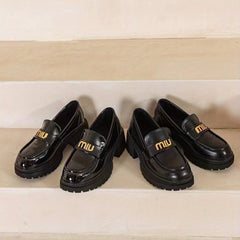 Women's Letter Decor Chunky Heel Loafers Slip On Shoes