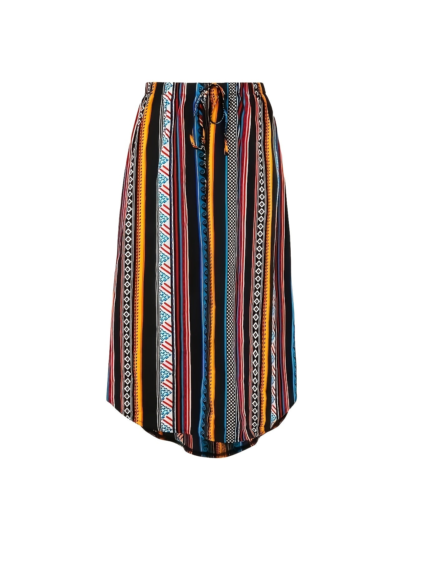 Boho Maxi Skirt Women's Tribal Striped Elastic Waist Pleated