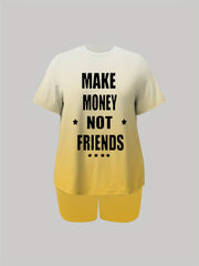 Plus Slogan & Ombre Print Crop Top & Shorts Outfits Set