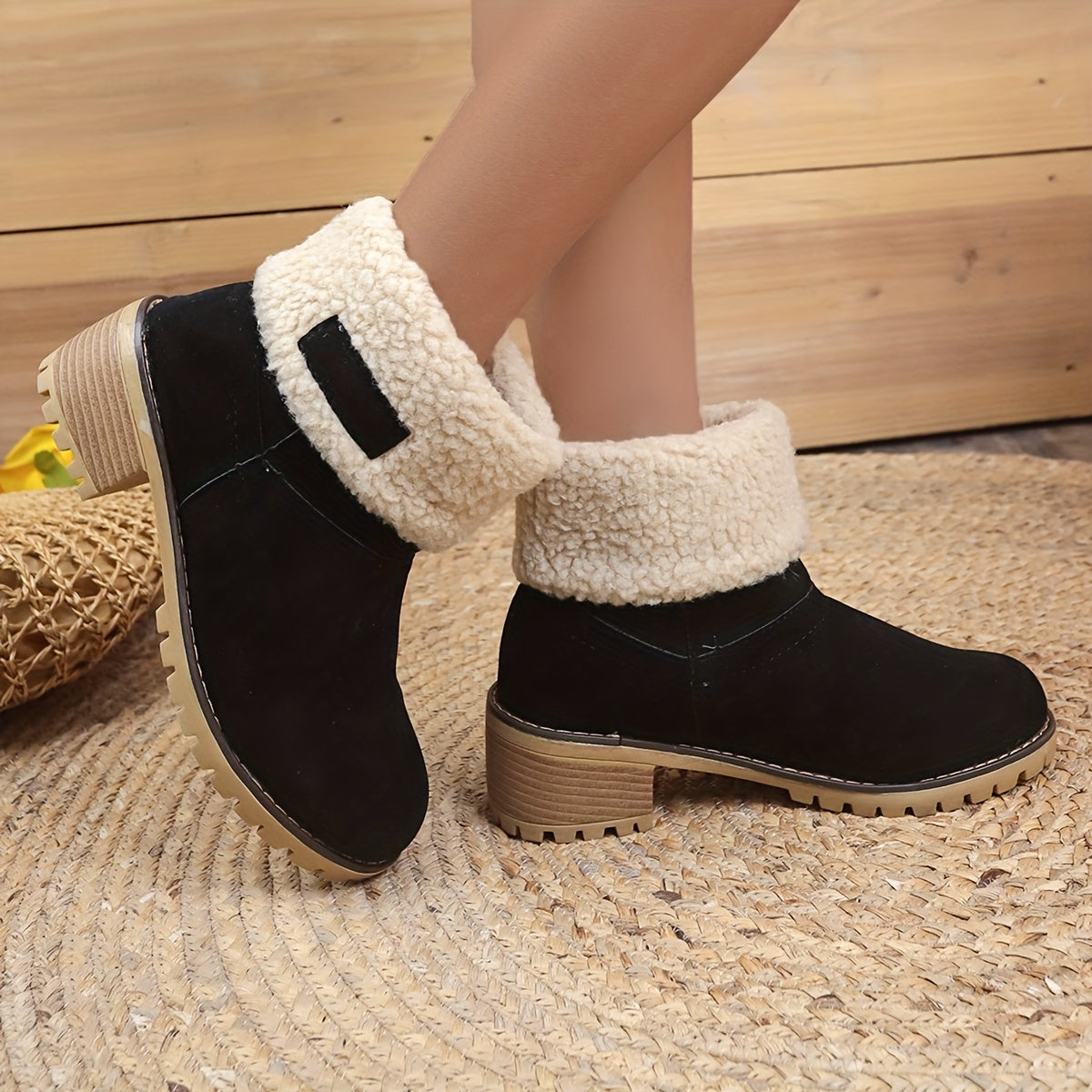 Women's Fuzzy Ankle Boots Chunky Heel Warm Velvet Fluffy Winter Shoes