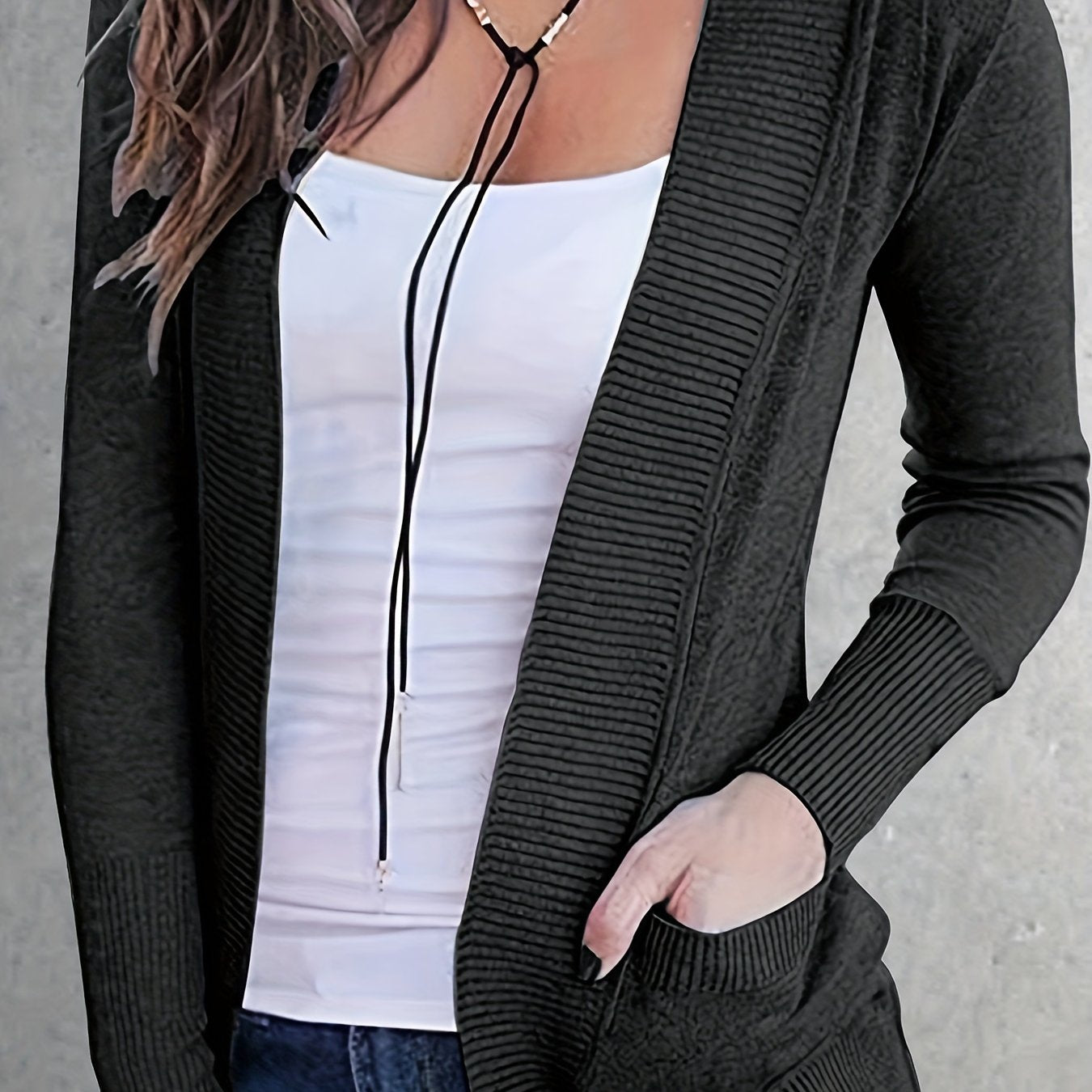 Solid Open Front Pocket Cardigan Long Sleeve Casual Cardigan