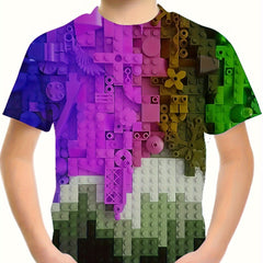 Colorful Building Block 3D Print Boys T-shirt Summer Sports Round Neck Top