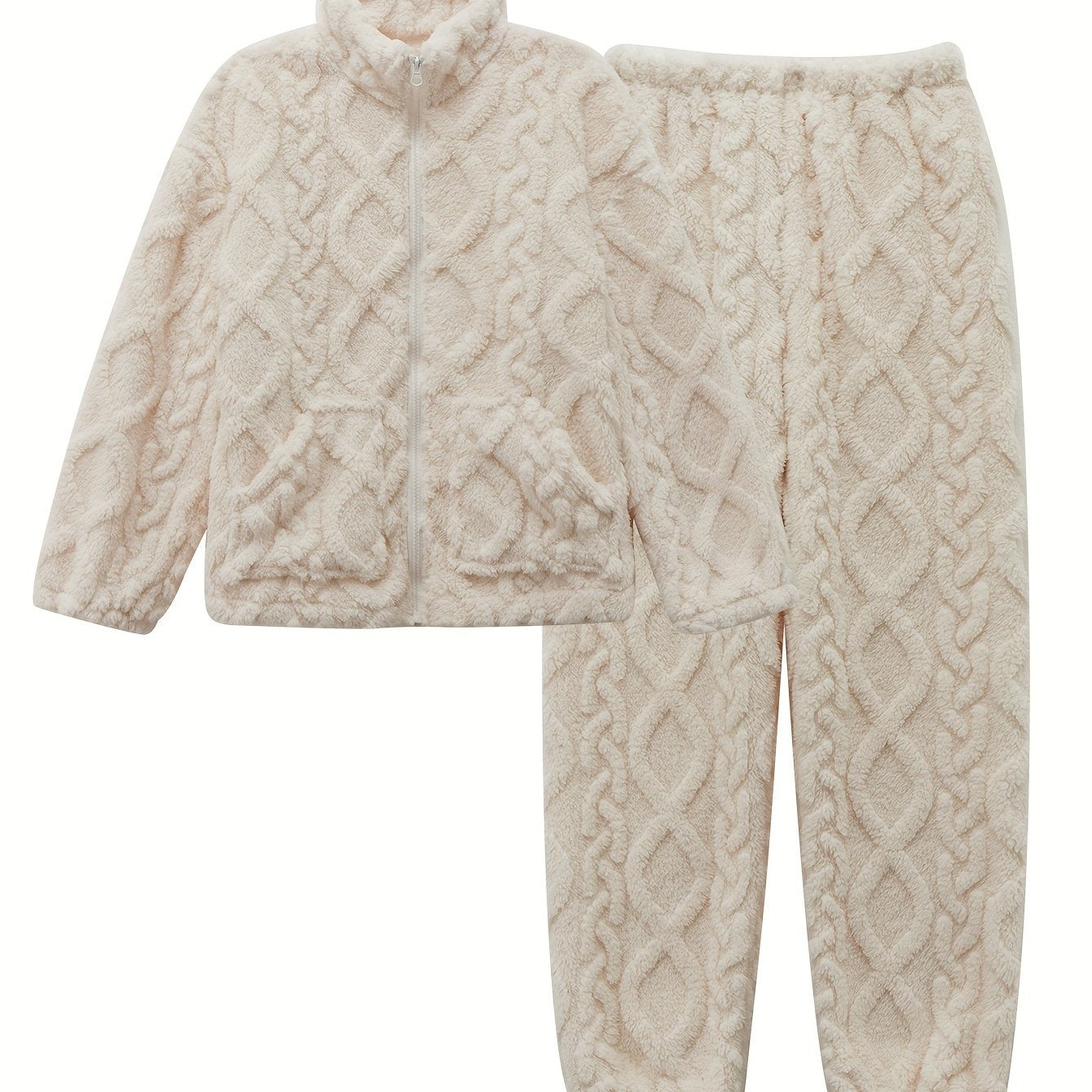 Fuzzy Pajama Set Zip Top & Pants Women's Sleepwear