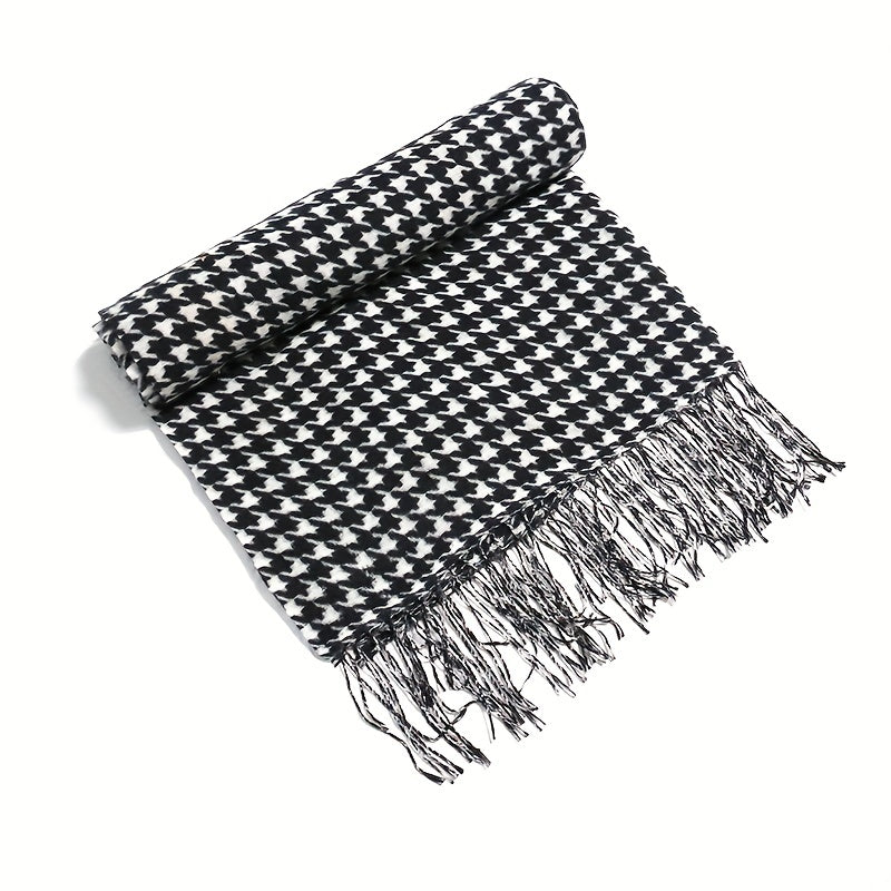 Houndstooth Fringe Trim Scarf Faux Cashmere Shawl Wrap