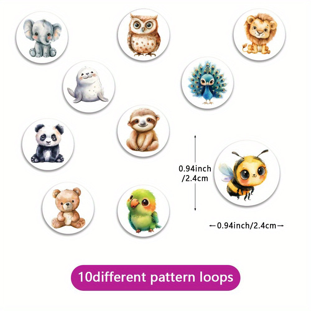500pcs Watercolor Animal Stickers Roll - Vibrant Cartoon Designs