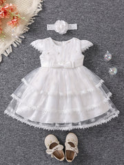 Baby Girl Casual Dress Fluter Sleeve Layered Belted Tutu Dress