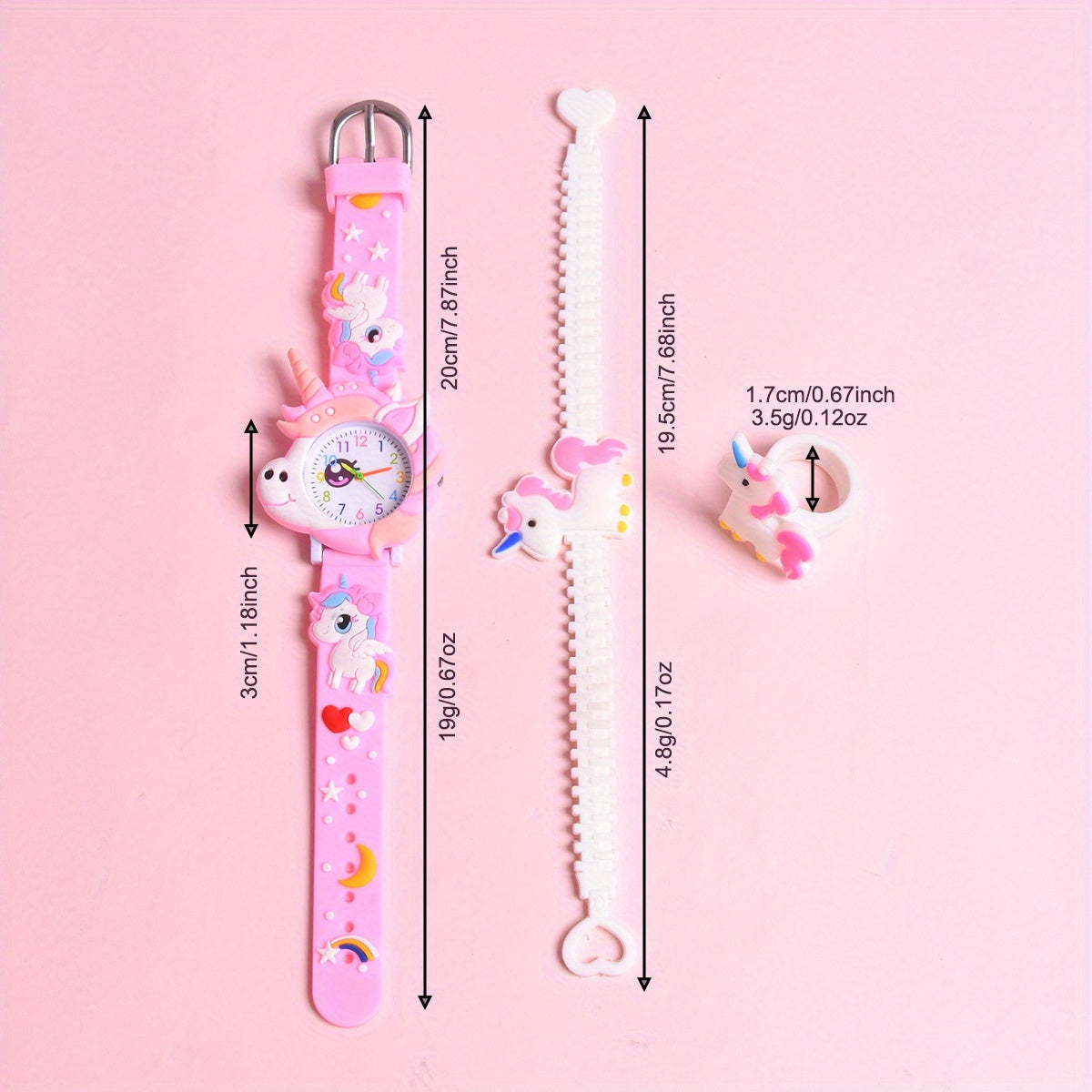 Pony Girls' Watch 3pcs Set 3D Cartoon Pony Girls' Watch Soft Silicon Strap