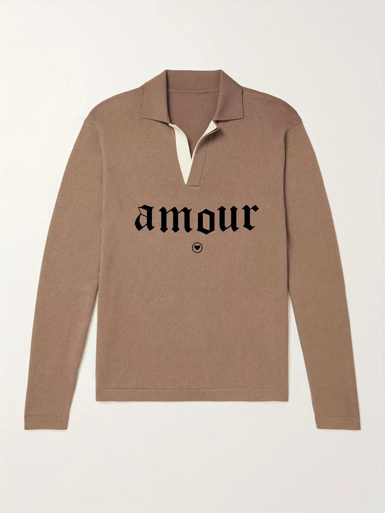 Amour Pattern Knit Polo Shirt Men's Casual Lapel Stretch V Neck Pullover Sweater