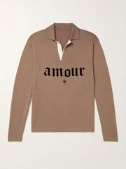 Amour Pattern Knit Polo Shirt Men's Casual Lapel Stretch V Neck Pullover Sweater