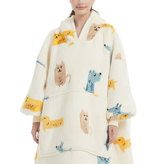 Flannel Sherpa Blanket Hooded Robe Plus Size Women's Animal Print Nightgown