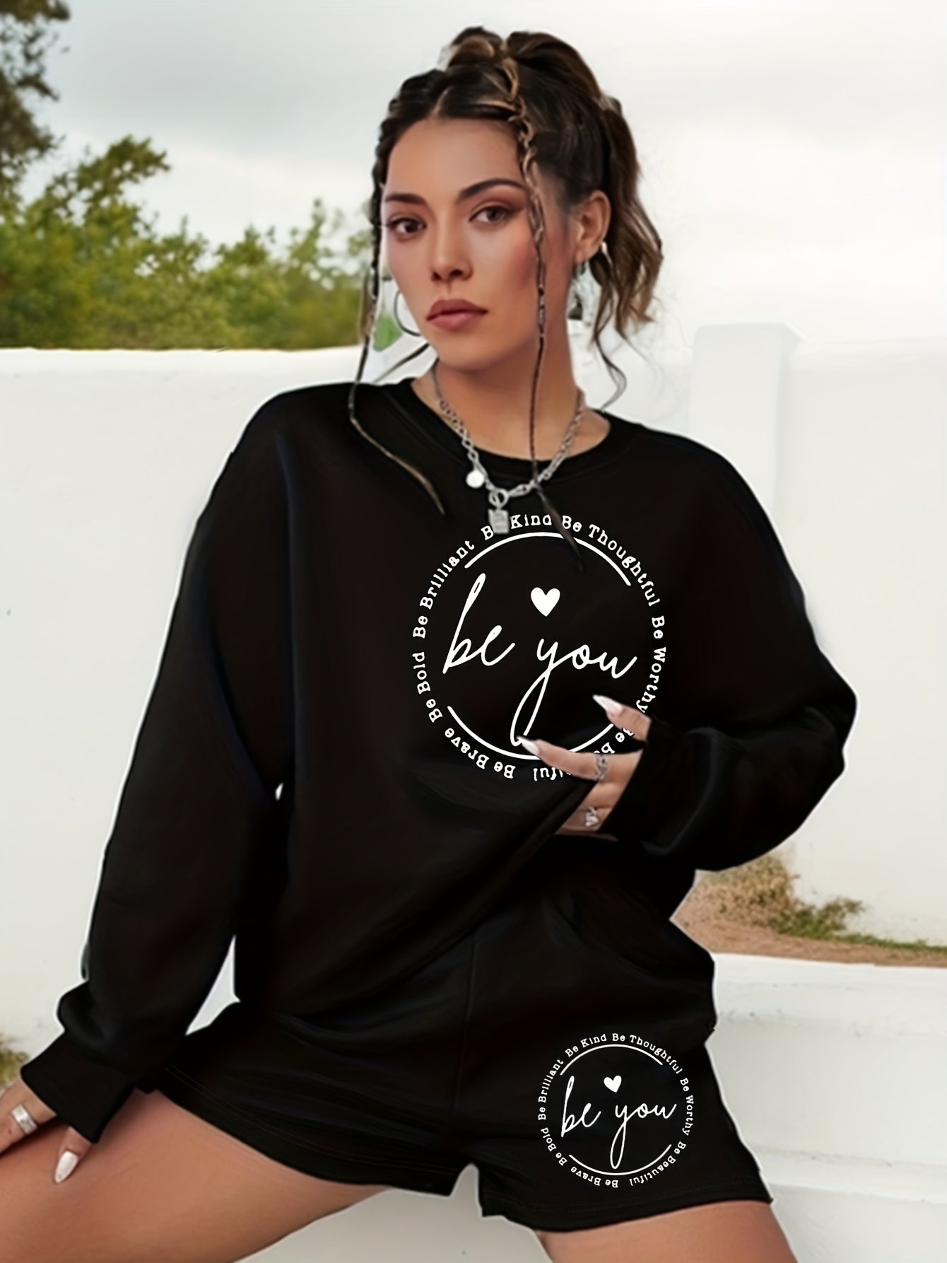 Slogan & Heart Print Sweatshirt & Shorts Set