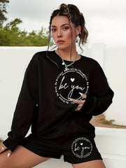 Slogan & Heart Print Sweatshirt & Shorts Set