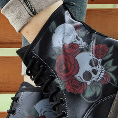 Women's Lace Up Combat Boots Rose & Skull Graphic Short Boots