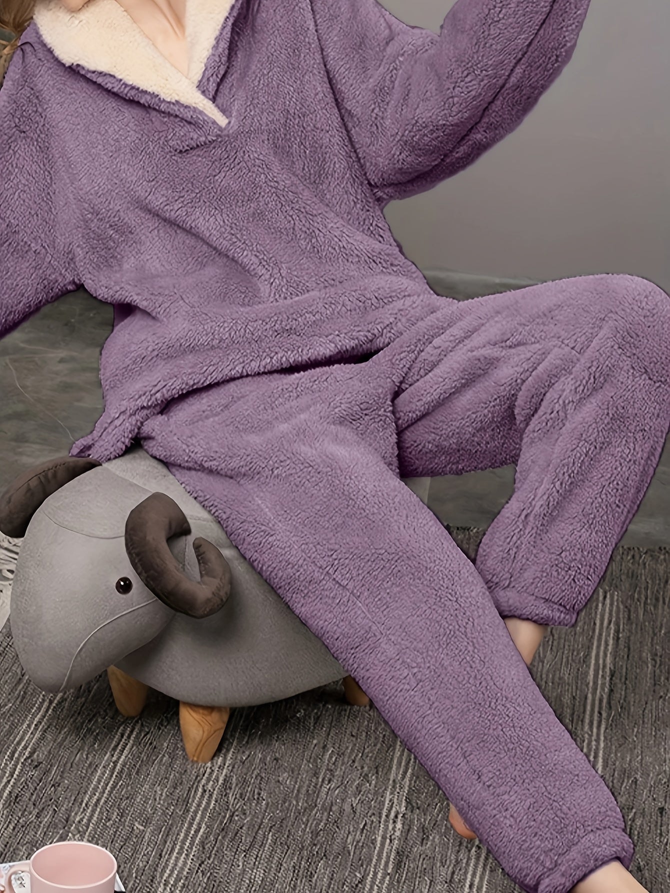 Fuzzy Pajama Set V Neck Top & Pants Women's Sleepwear